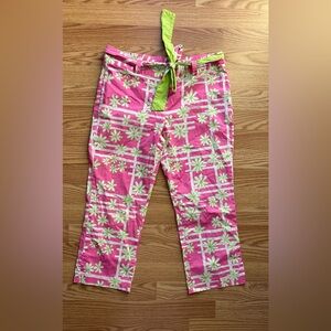 Lilly Pulitzer Vintage Pink Floral Ankle Pants Fabric Belt Size 8